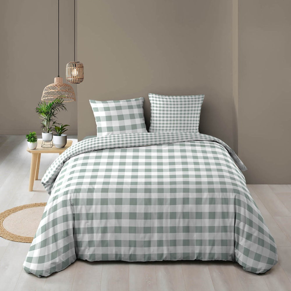Parure de lit 3 pièces en coton à carreaux housse + taies sauge 240 x