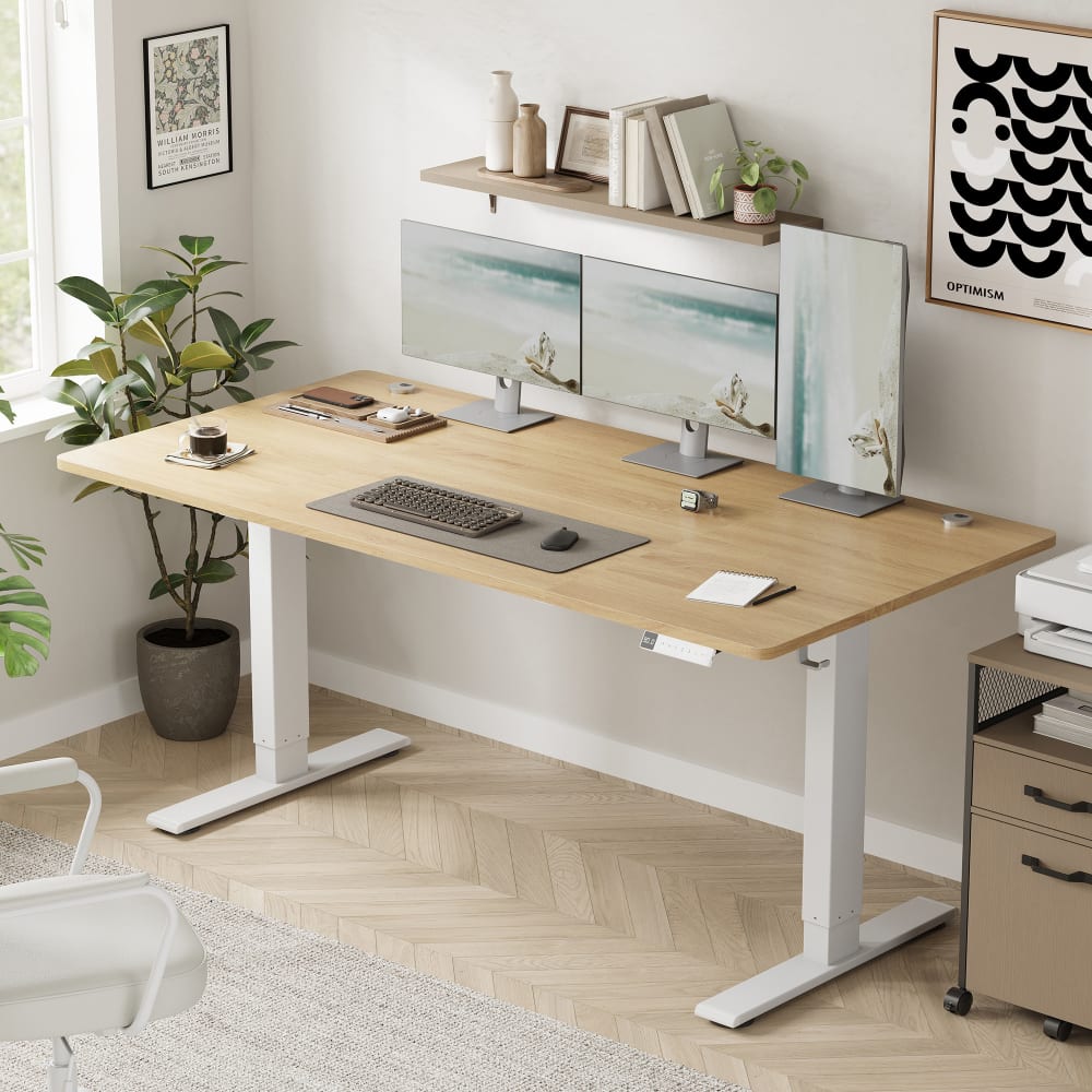 Bureau assis debout réglable en hauteur fonction mémoire chêne