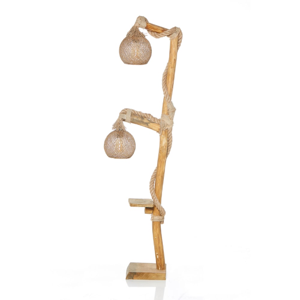 Lampadaire en bois et cordes avec rebord