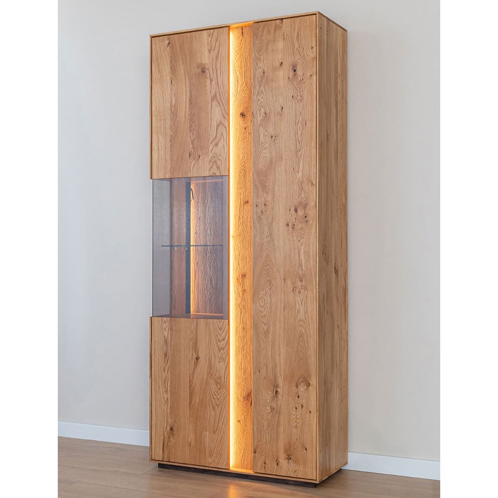 Vitrine mit Glastür aus Massivholz, 84,5x37x205cm, wildeiche