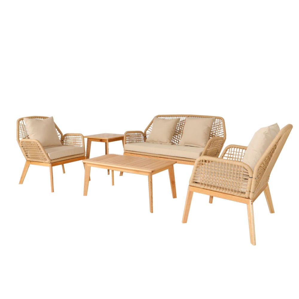 Conjunto de muebles de jardin de madera para 4 plazas con 2 mesas beig