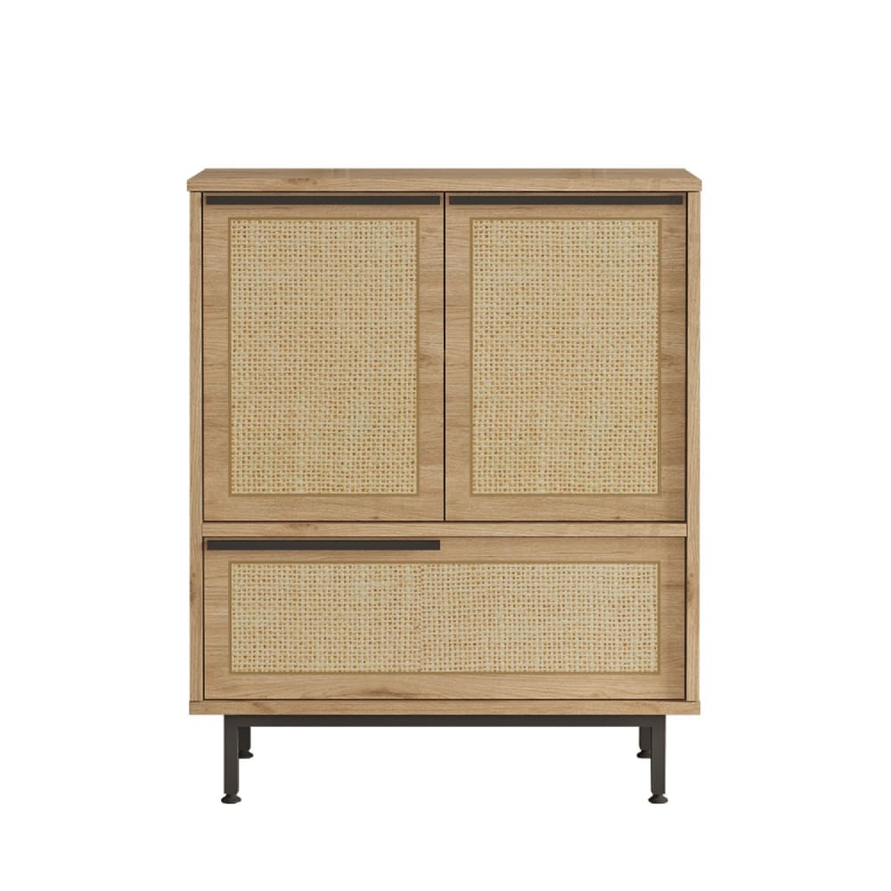 Meuble à chaussures 3 portes finition bois effet cannage 75x90cm