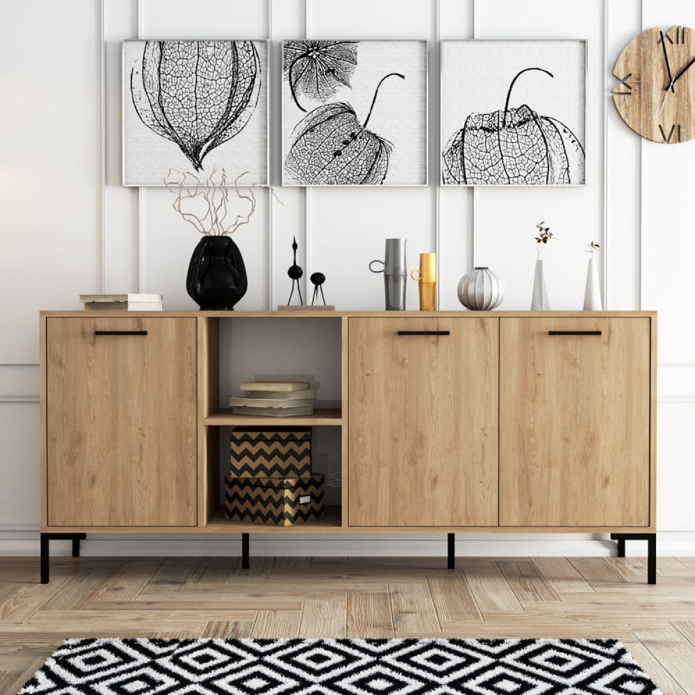 Concept Usine 3-türiges Sideboard mit 2 Fächern in Holzoptik und schwarzem Metall 18 style modern Braun Spanplatte