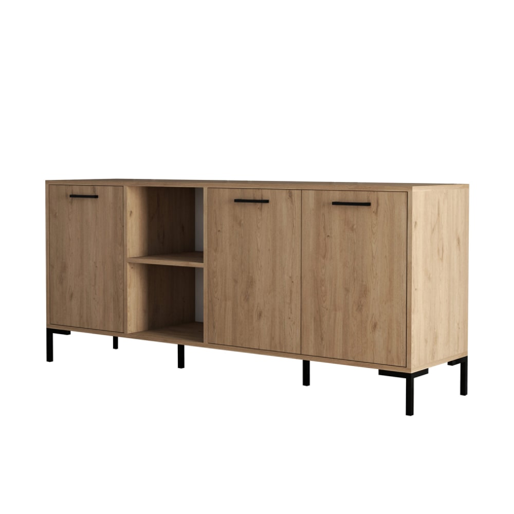Buffet 3 portes et 2 niches finition bois et métal noir 180x80cm