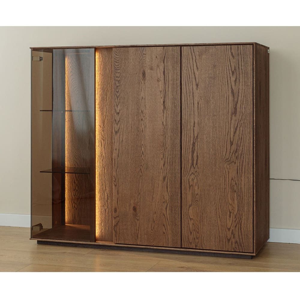 Vitrine mit Glastür aus Massivholz, 135x37x115cm, wildeiche tabak