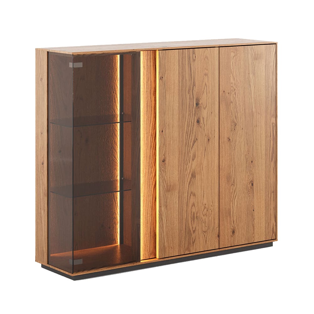 Feldmann-Wohnen Vitrine mit Glastür aus Massivholz, 135x37x115cm, wildeiche natur style modern Beige