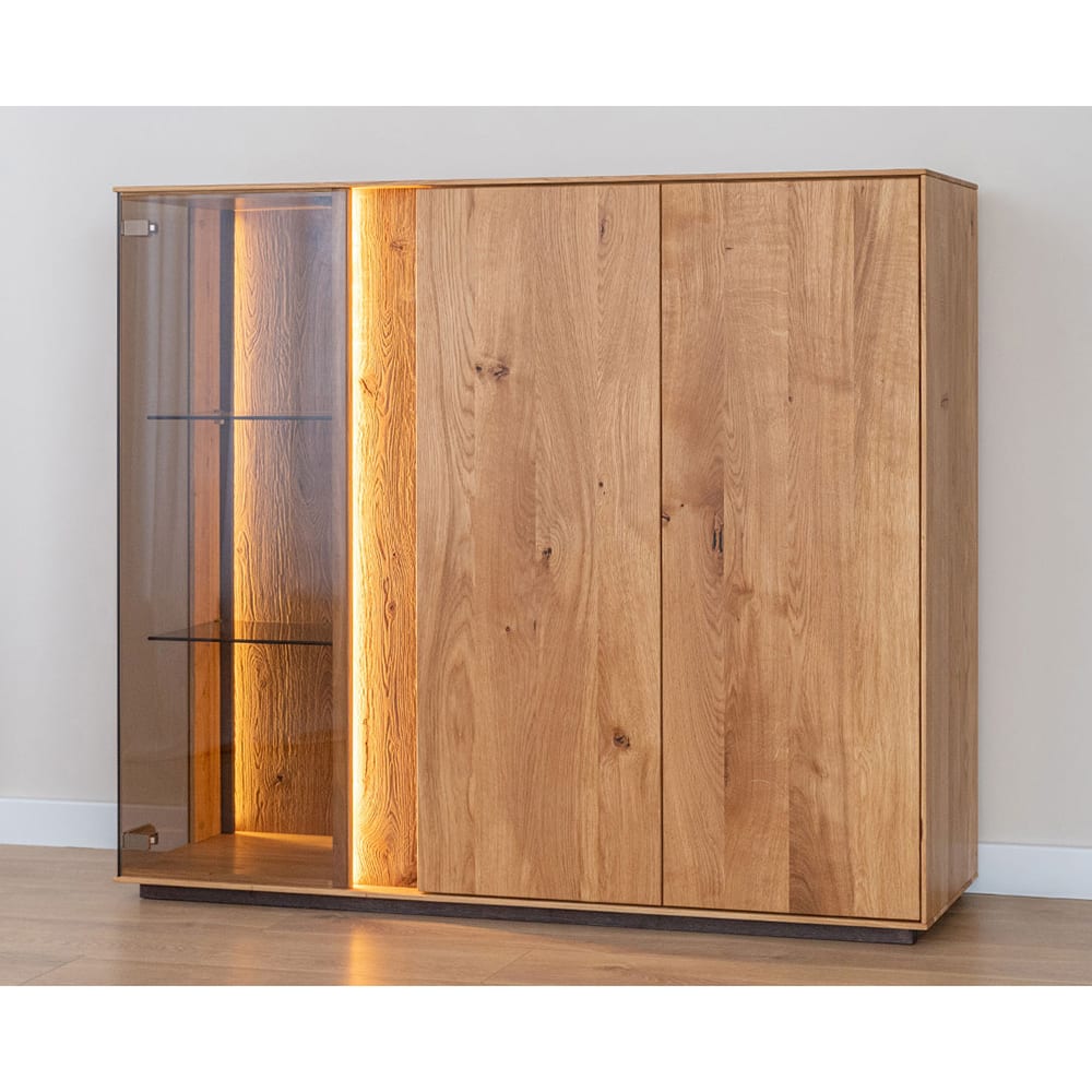 Vitrine mit Glastür aus Massivholz, 135x37x115cm, wildeiche natur