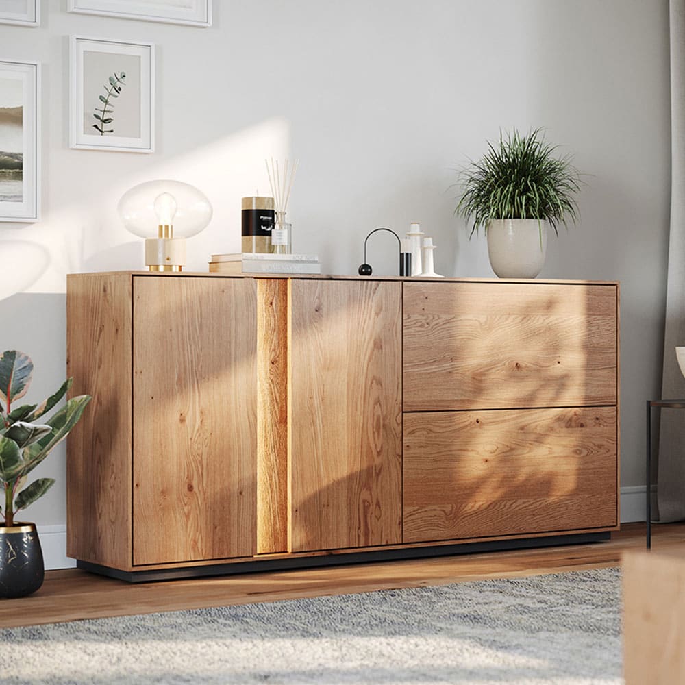 Kommode mit Beleuchtung aus Massivholz, 165x43,5x79cm, wildeiche