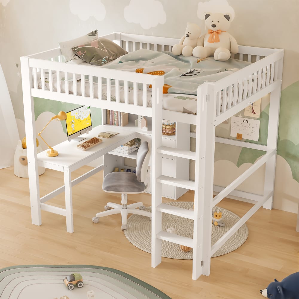 Lit mezzanine enfant en bois blanc avec bureau échelle 140x200 cm
