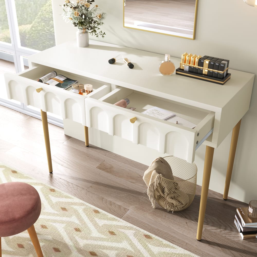 Schminktisch aus Holz mit 2 Schubladen 100x45x76,5 cm, creme-weiß