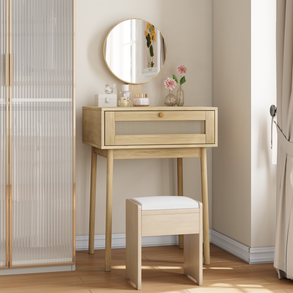 Coiffeuse en rotin brun avec miroir rond et tiroir 128 x 50 x 60 cm