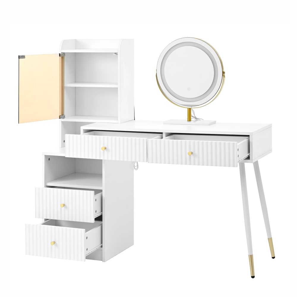 OKWISH Schminktisch aus Spanplatte mit Schubladen und LED 125x100x40 cm, weiß - Spanplatte