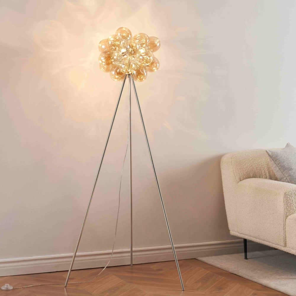 Kosilum Stehleuchte aus Metall und Glas 150 cm, Bernsteinfarben und verchromt Gold Glas