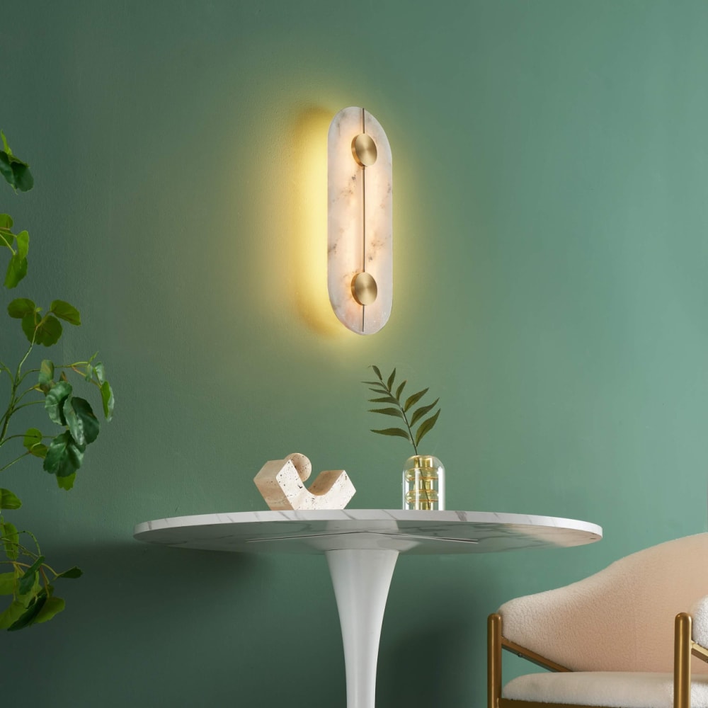 Ovale goldene LED-Wandleuchte mit Alabaster-Schirm - Calizia -