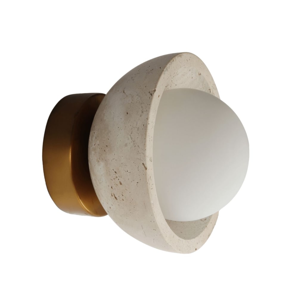 Wandleuchte aus Stein, Glas und Holz 9,5 cm, Beige, Weiß und Holz