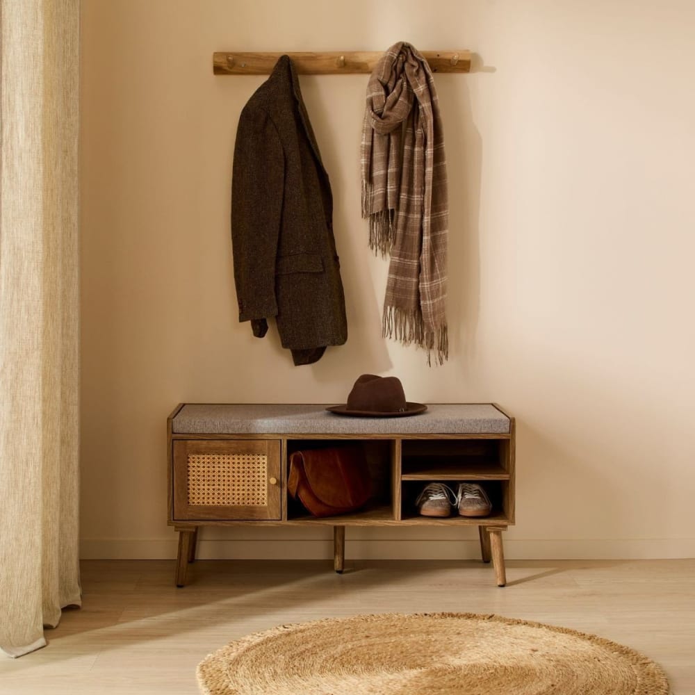 Schuhbank 1 Tür mit Rattanfront und 3 offenen Fächern L100 cm -
