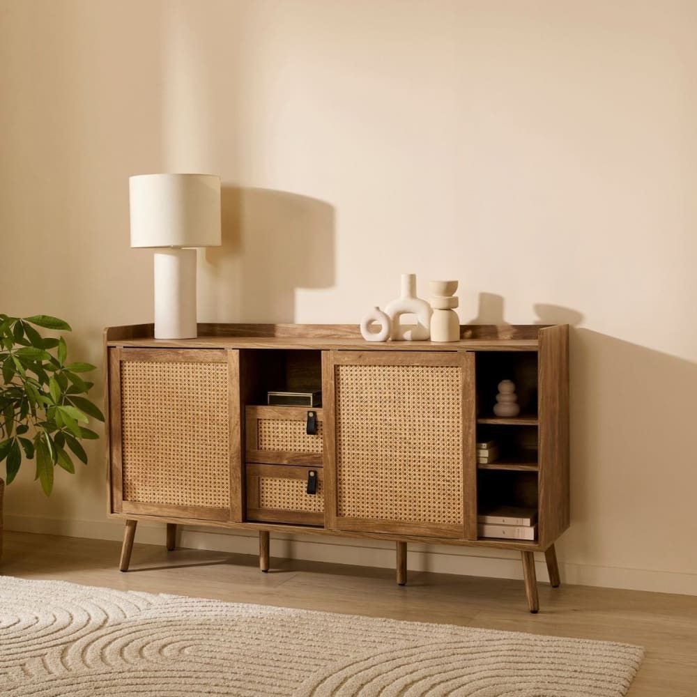 Buffet 2 portes et 2 tiroirs avec façades en rotin l140 cm