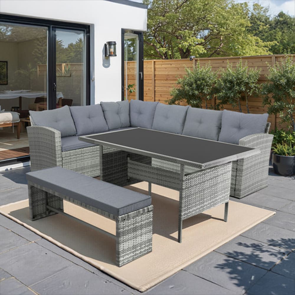 Salon de jardin 8 places avec canapé d'angle en résine tressée grise