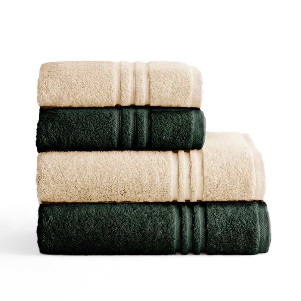 Boheme Set mit 4 beige-dunkelgrünen Baumwoll-700g Handtüchern (50x100+70x140) style modern Mehrfarbig Baumwolle