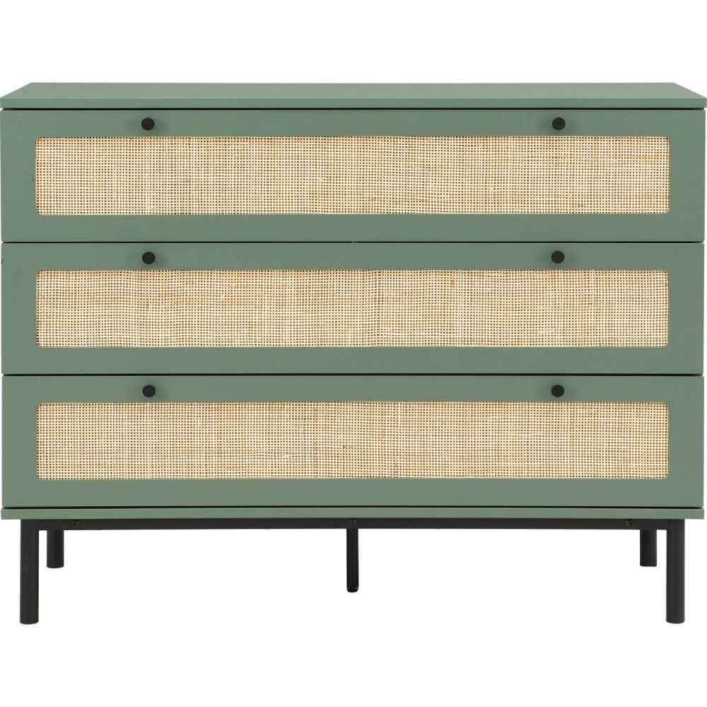 Commode 3 tiroirs vert et cannage 105 cm