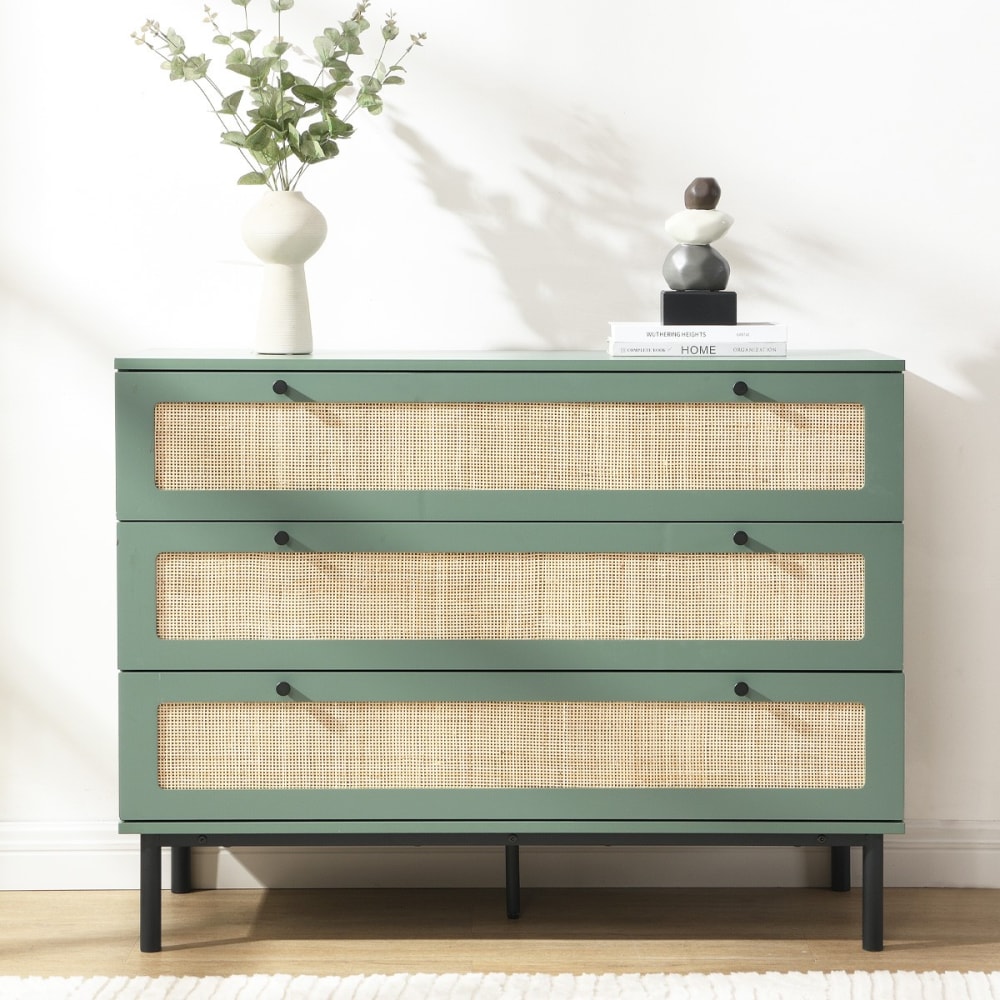 Commode 3 tiroirs vert et cannage 105 cm