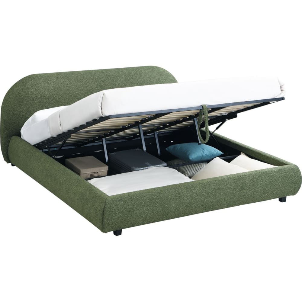 Lit coffre adulte 180x200cm avec tête de lit en tissu bouclé vert kaki
