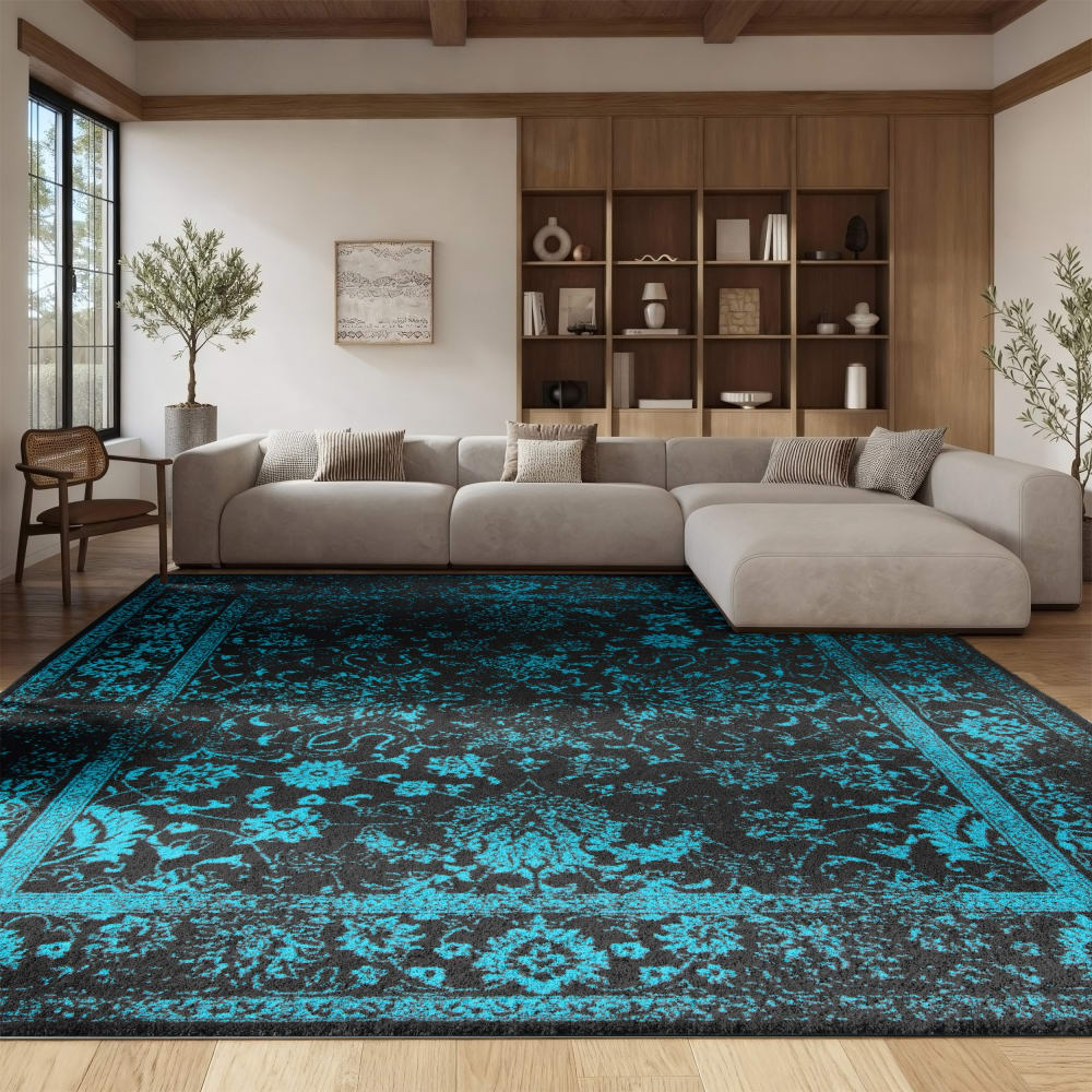 Tapis vintage patiné en polypropylène noir/bleu, 183 x 244 cm — vue 3