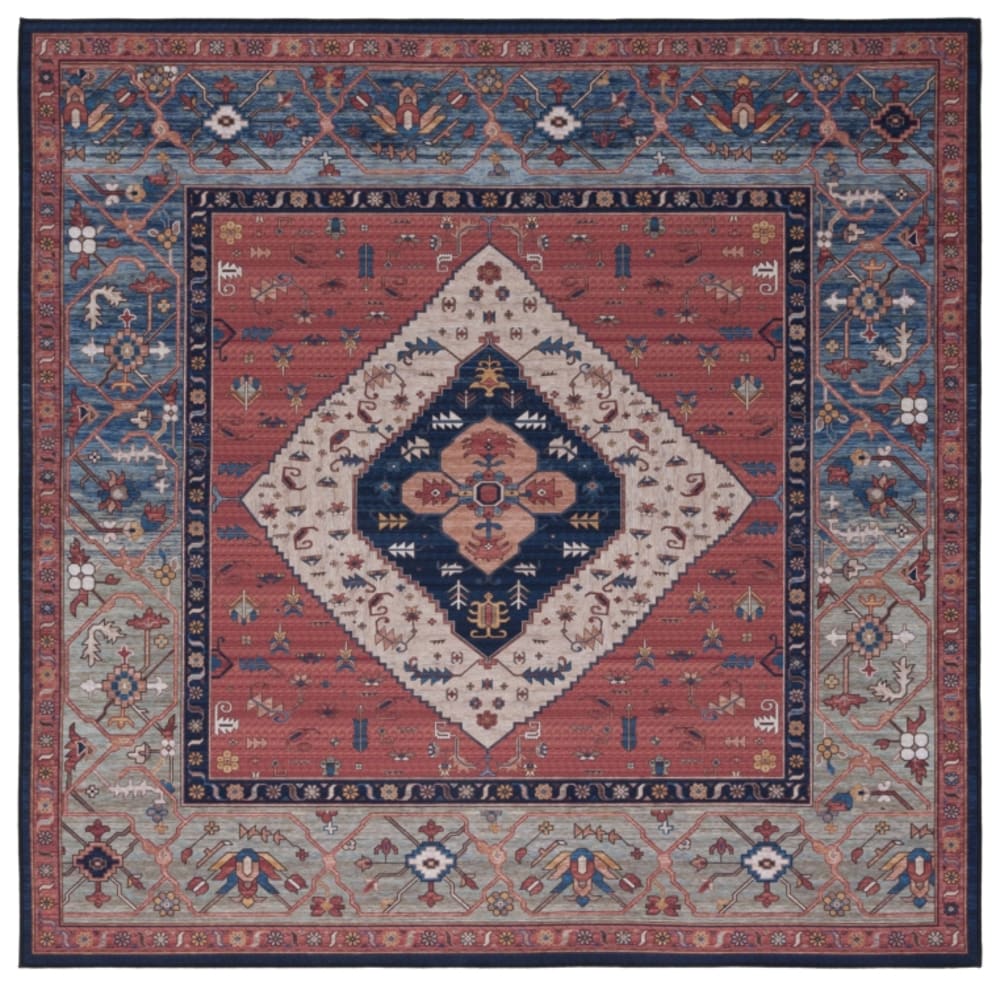 Tapis traditionnel en polyester orange/bleu, 244 x 244 cm