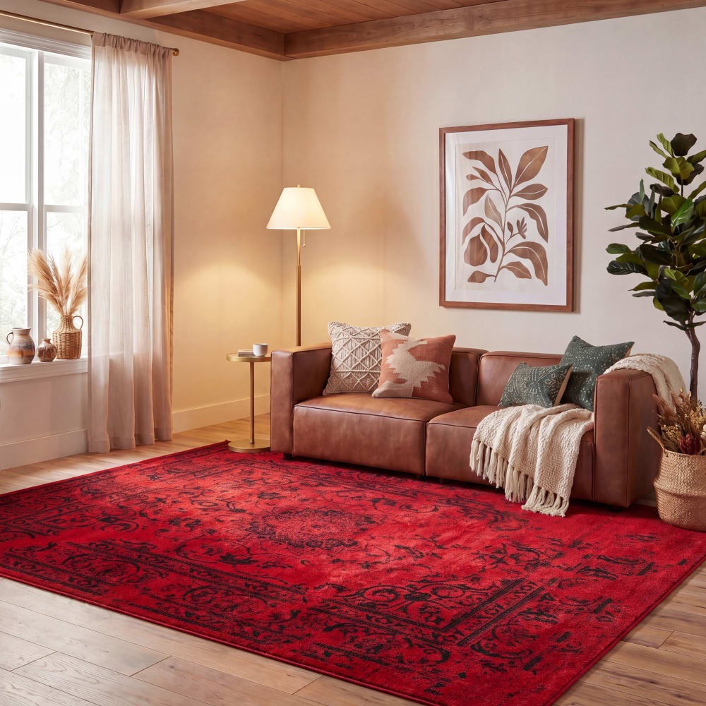 Distressed Polypropylen-Teppich in Rot/Schwarz, 155 x 229 cm -