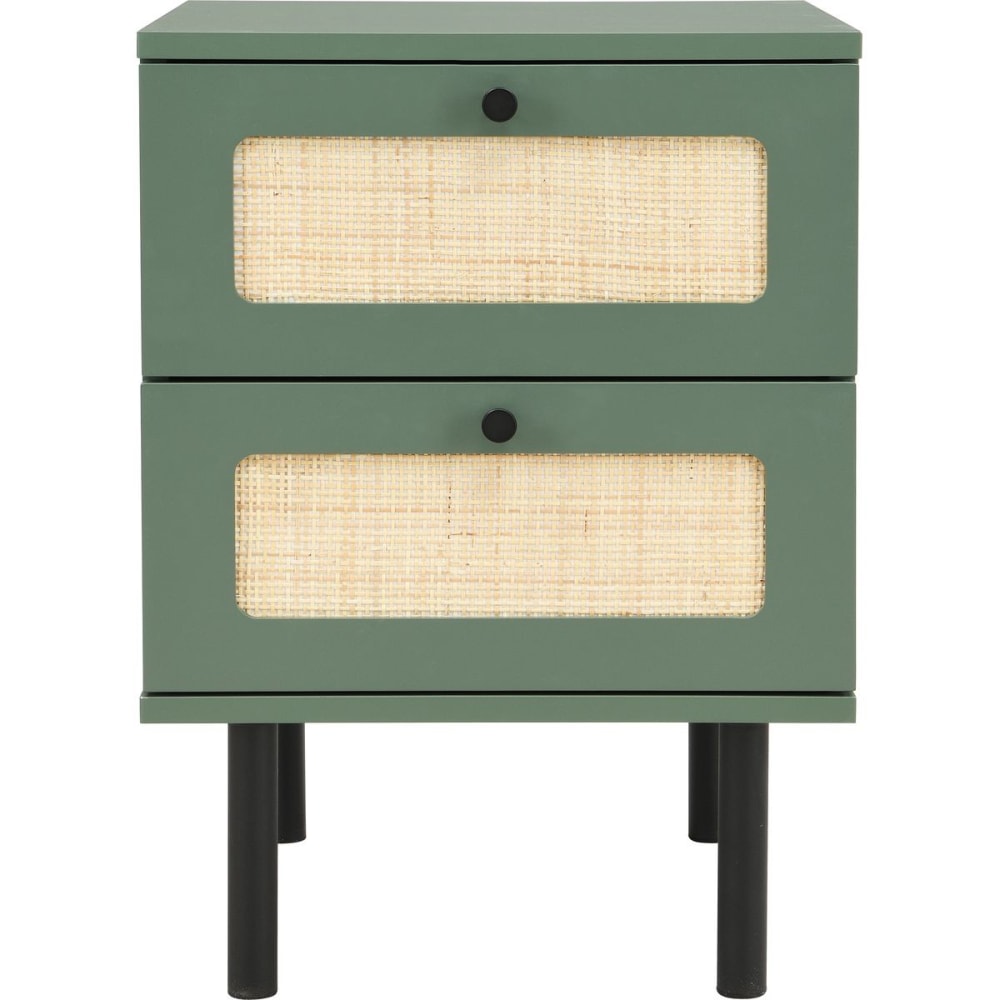 Table de chevet 2 tiroirs vert et cannage 40 cm
