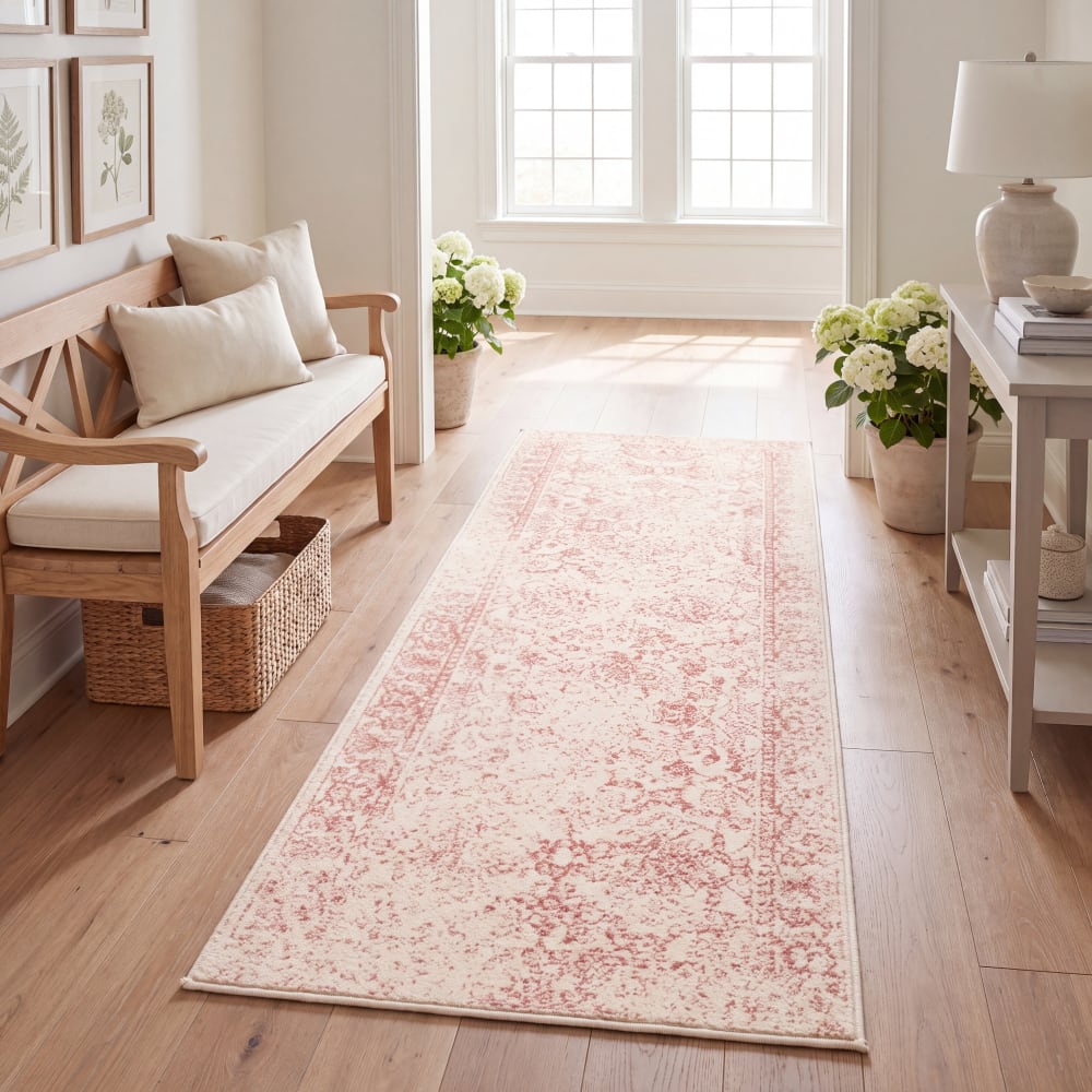 Tapis vintage patiné en polypropylène blanc/rose, 76 x 305 cm — vue 3