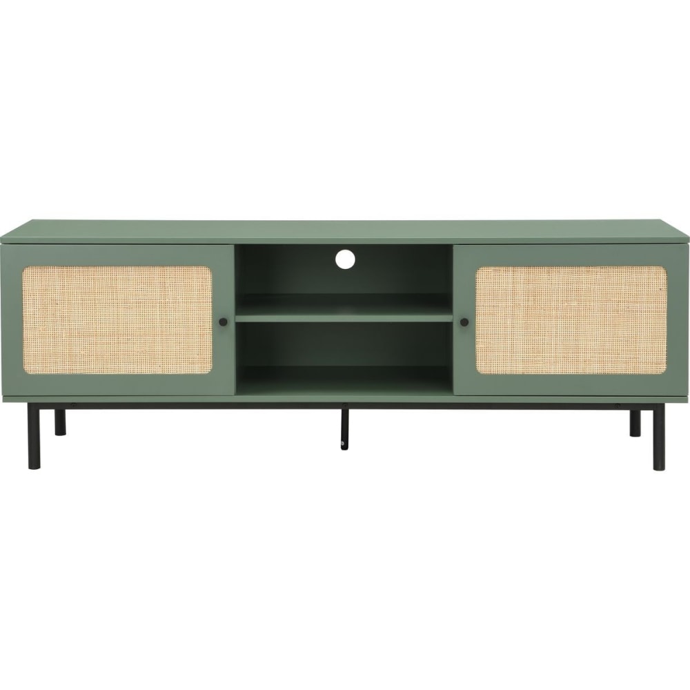Meuble TV 2 portes vert et cannage 160 cm