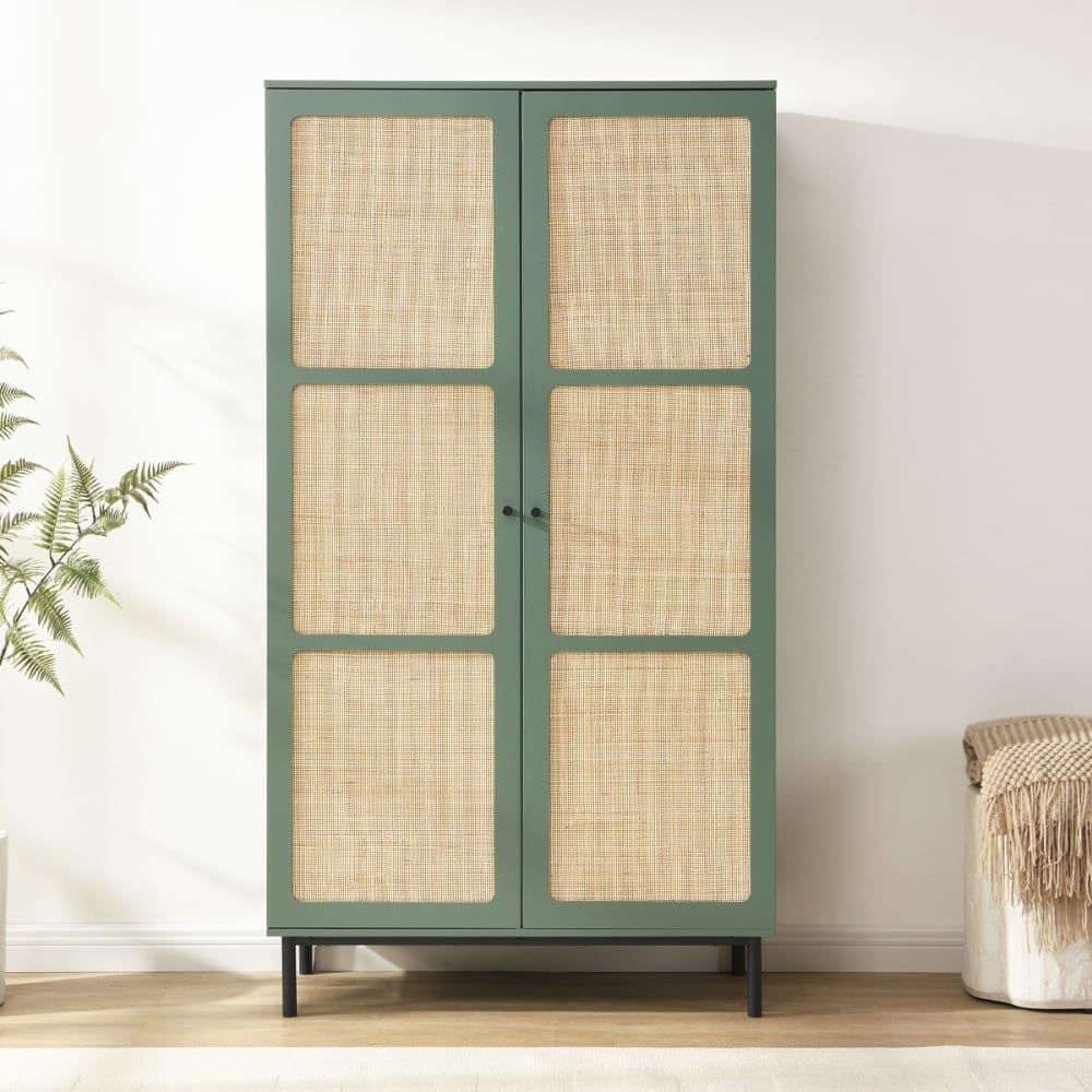 Armoire 2 portes vert et cannage 100 cm