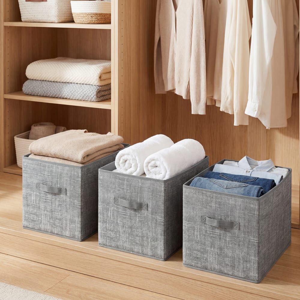 3 cajas de almacenaje plegables de tela de color gris