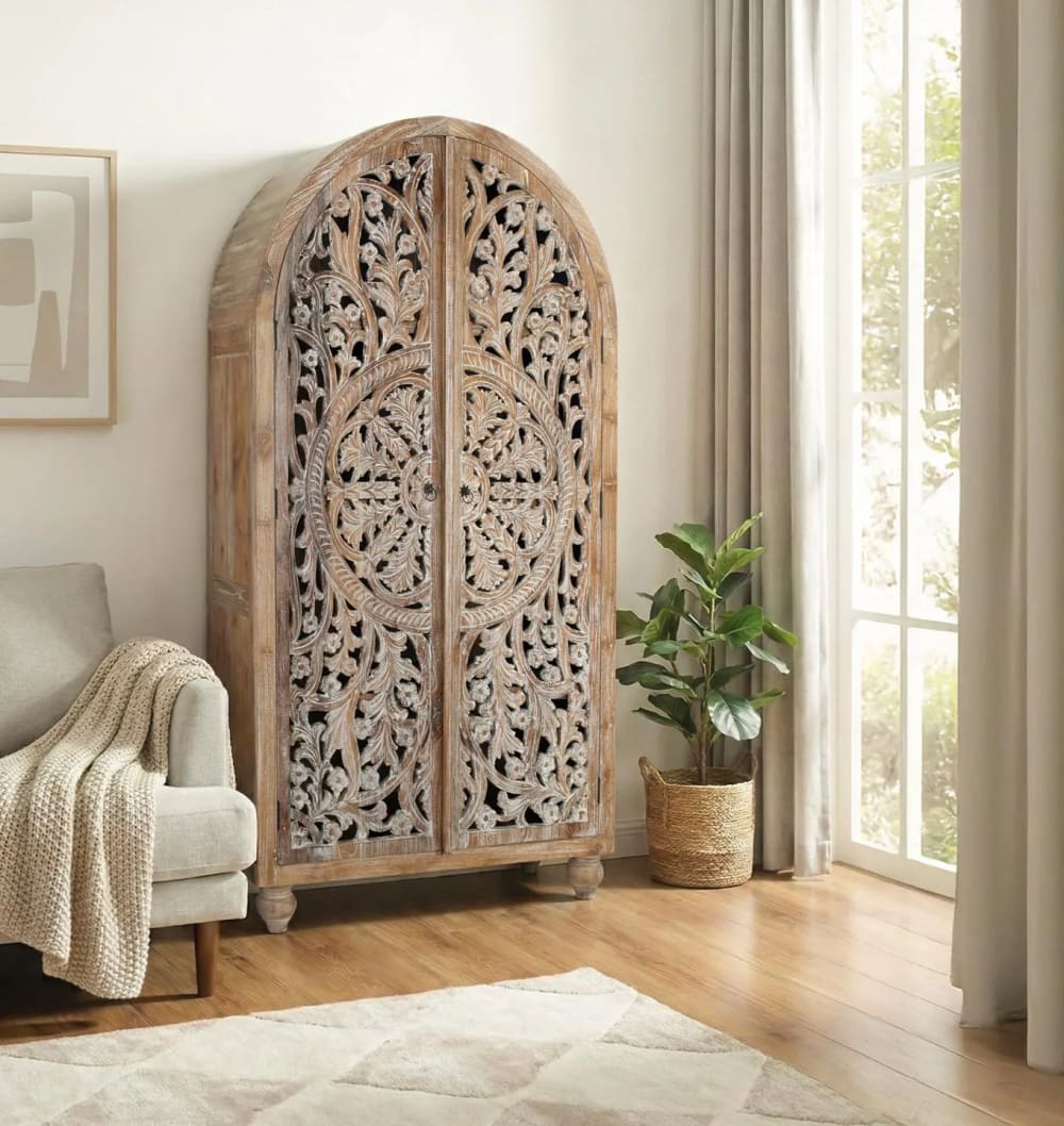 Teakholzschrank mit handgefertigten Schnitzereien, 188 cm -