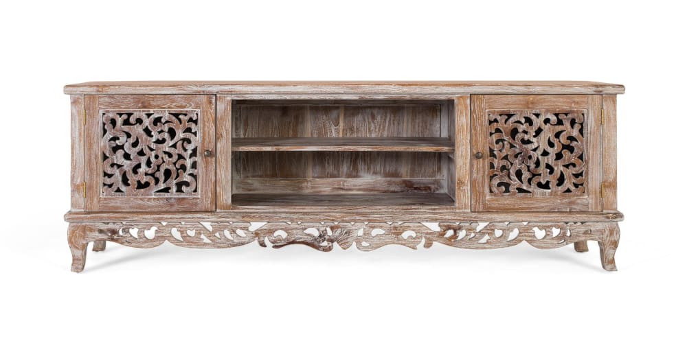 Meuble TV en teck avec finition blanc vieilli
