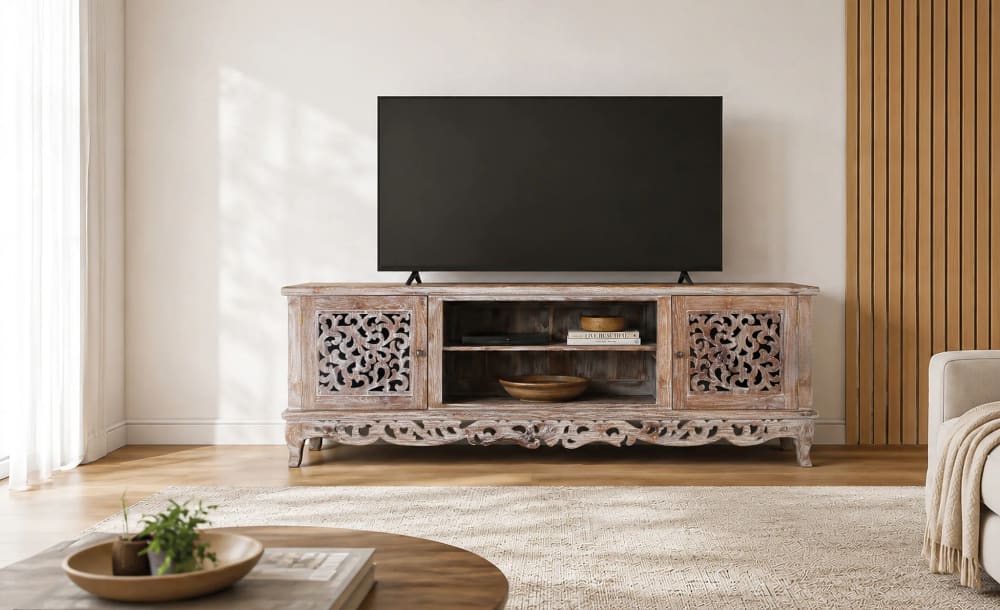 Meuble TV en teck avec finition blanc vieilli