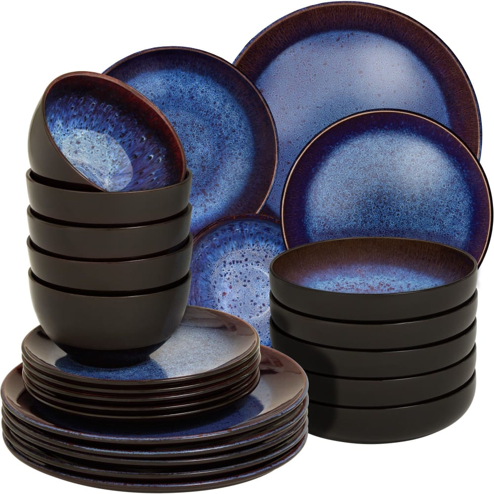 Set de vaisselle 24 pièces en faïence 6 personnes fait main bleu/brun