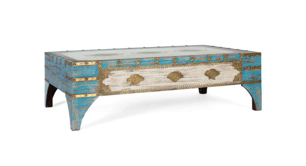 Couchtisch aus gealtertem, blau-weißem Mangoholz - Maisons Du