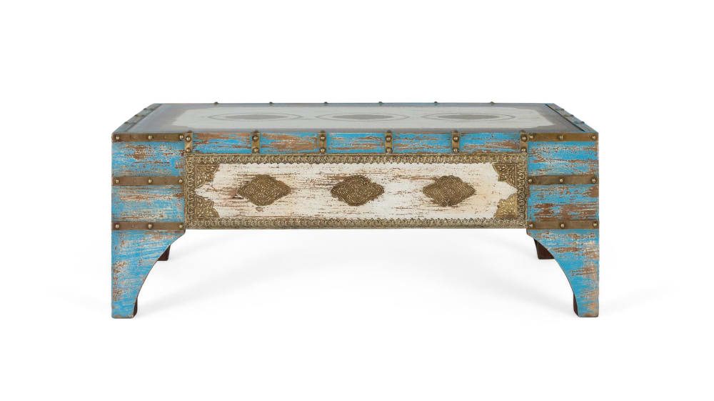 Table basse en bois de manguier couleur bleu et blanc vieilli