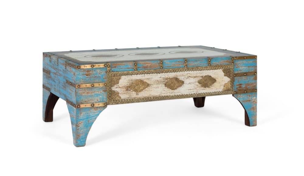 Couchtisch aus Mangoholz in gealtertem Blau und Weiß - Maisons Du