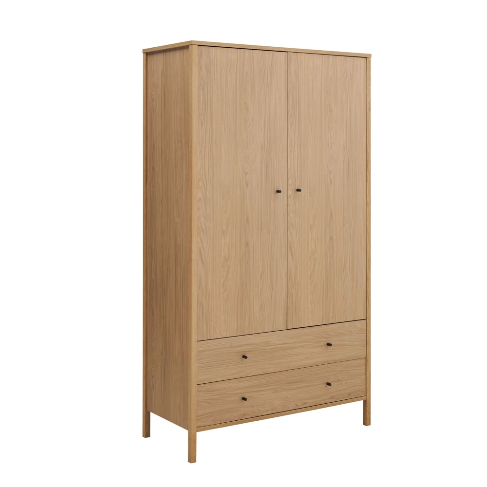 Armoire 2 portes 2 tiroirs effet bois poignées noires