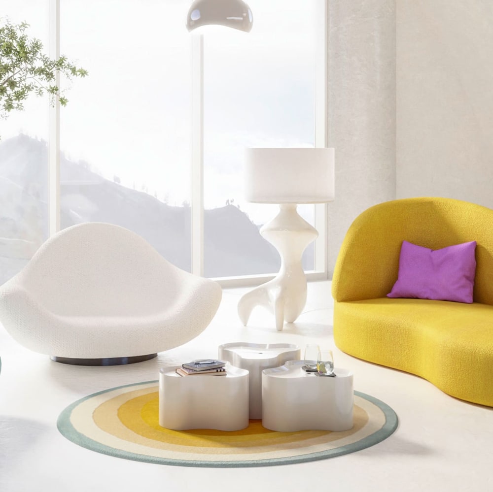 Tapis rond dégradé orange, jaune et bleu en laine D200