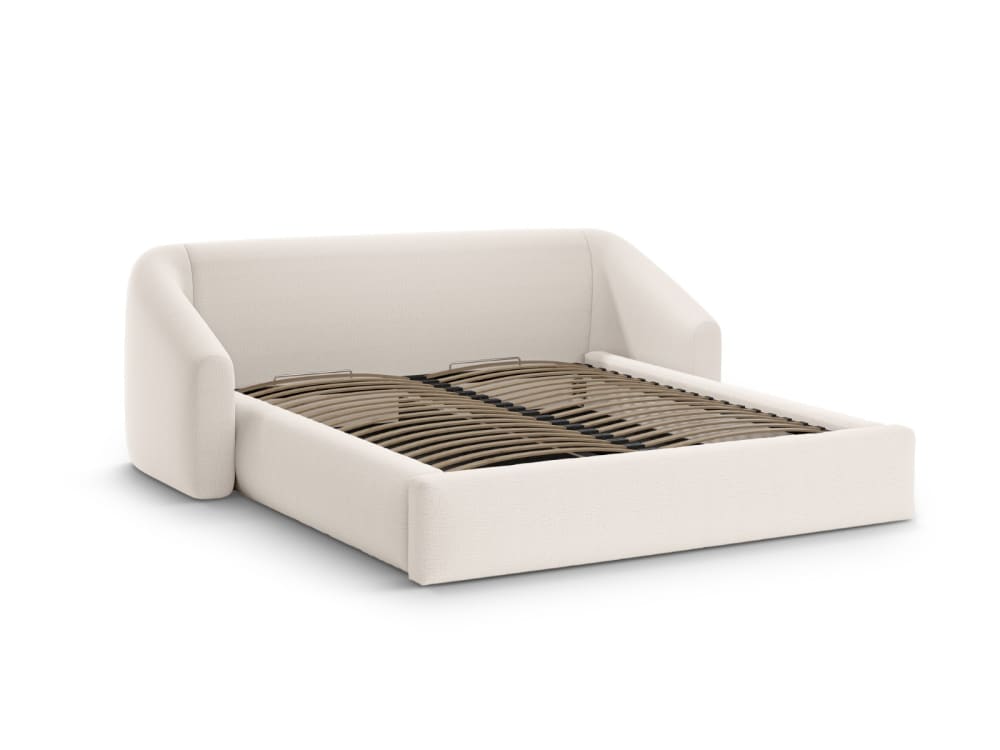 Lit coffre avec tête de lit 200x200cm en tissu structurel beige clair