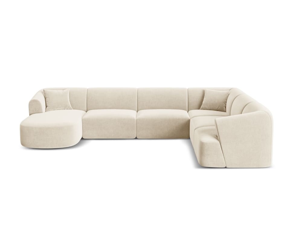 Canapé d'angle panoramique 7 places en velours beige clair