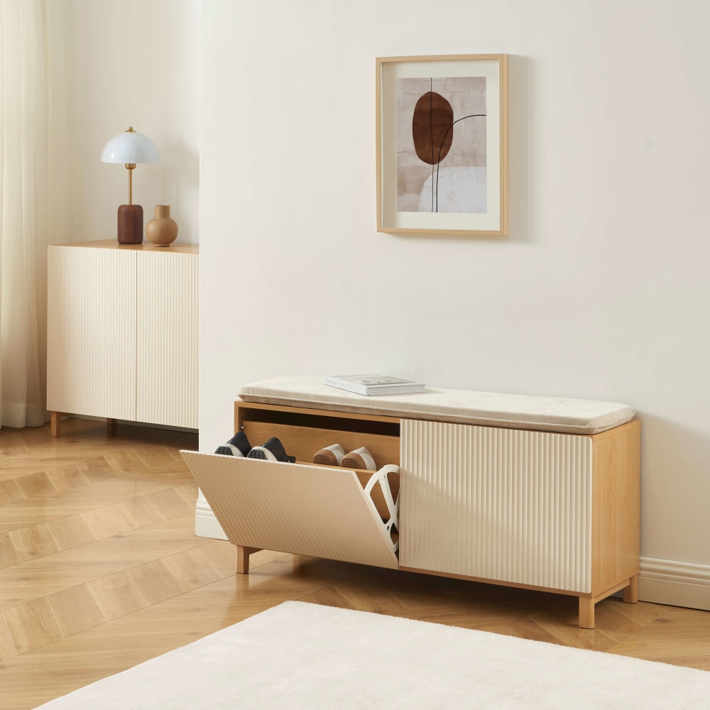 Banc à chaussures  effet chêne et portes beiges