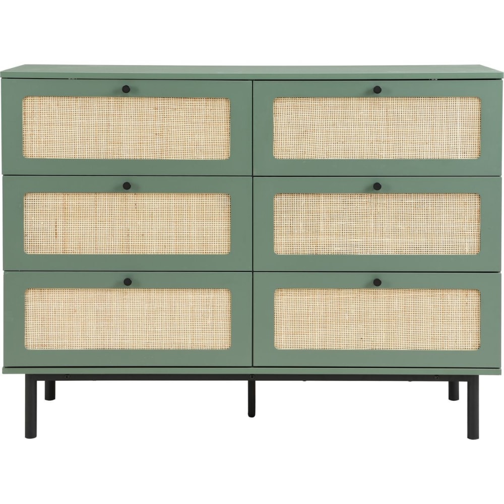 Commode 6 tiroirs vert et cannage 120 cm