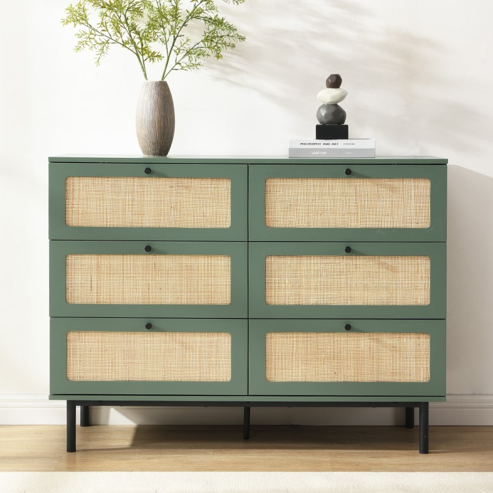 Commode 6 tiroirs vert et cannage 120 cm