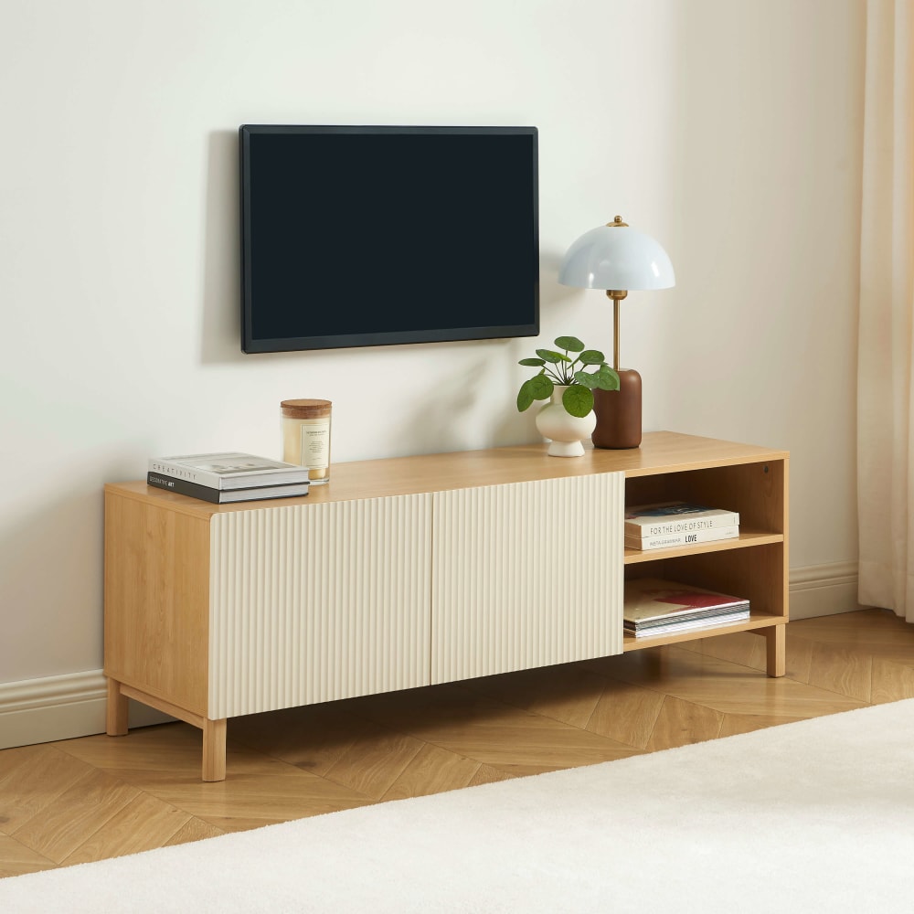 Meuble tv  effet chêne et portes beiges 140 cm