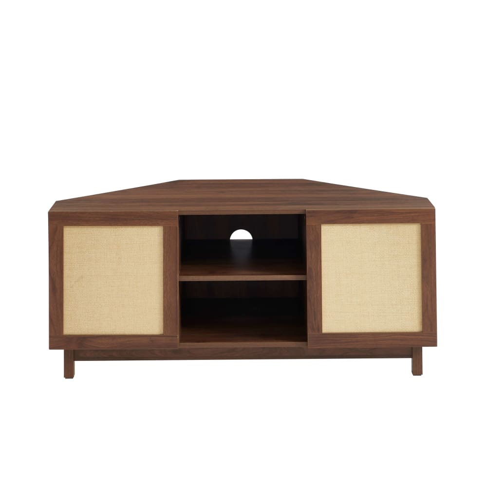 Meuble tv d'angle effet noyer et rotin 120cm